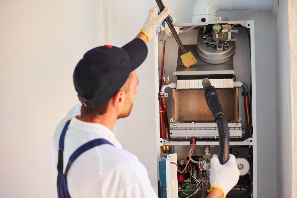 Technician cleaning equipment interior