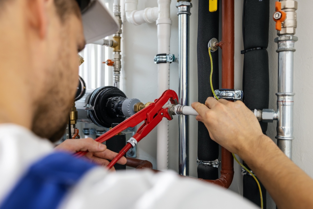Plumber working with pipe wrench