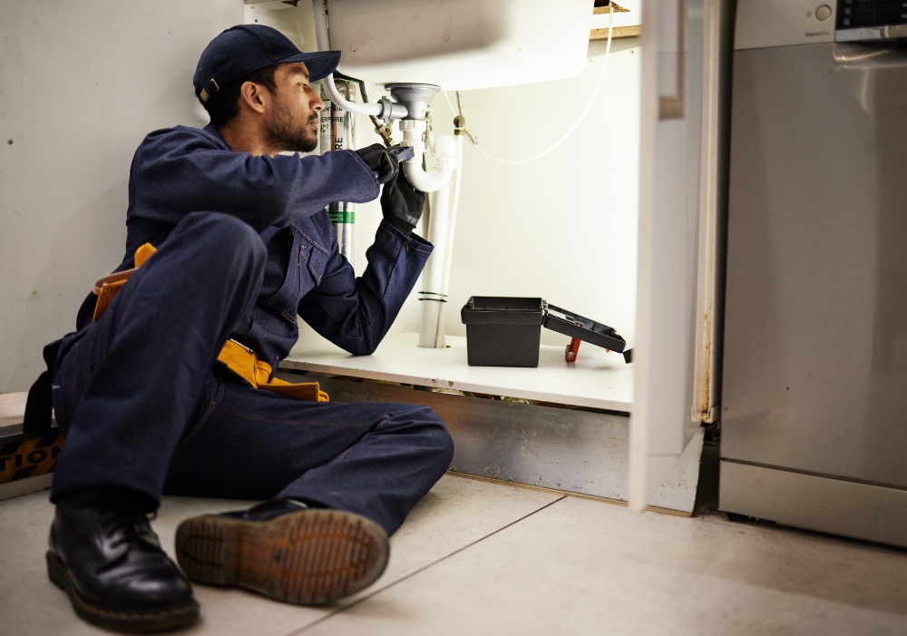 Plumber working under a sink