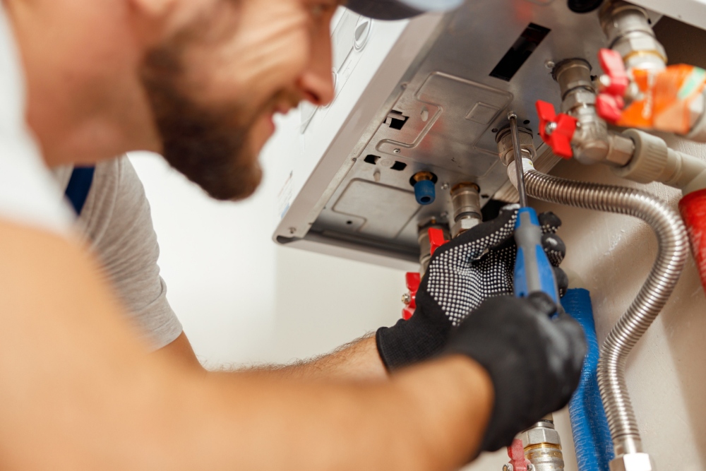 Plumber repairing heating system