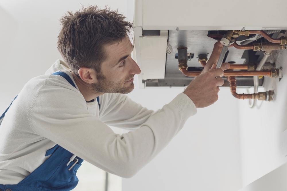 Plumber working on pipes